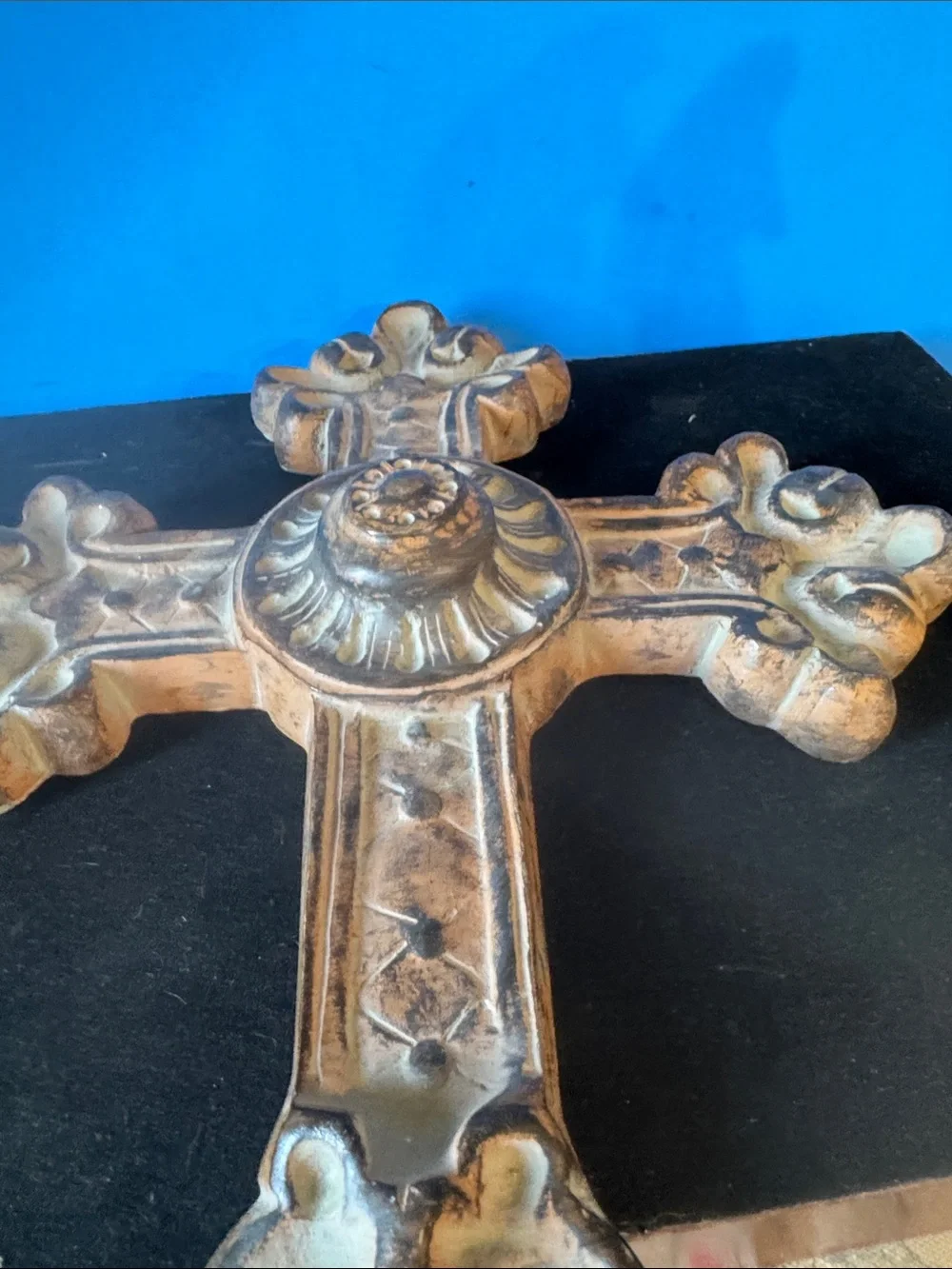 Ornate Decorative Wall Cross in Distressed Brown Finish